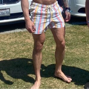 RSQ white board shorts x Active Skate Shop striped swim bottoms retro streetwear